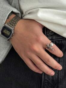 1 pieza Anillo de cruz gótico, anillo ajustable de estilo punk vintage desgastado de plata asimétrica, accesorio de moda callejera para hombres - Plata antigua - Ver 5