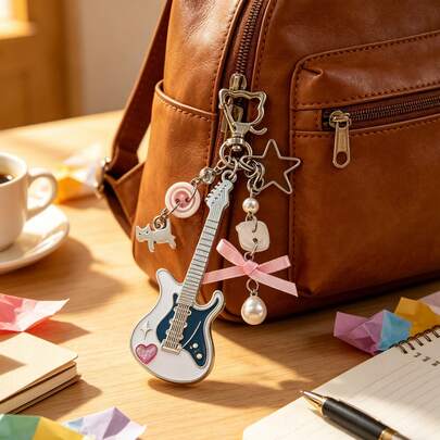 1pc Y2K Cute Guitar Bag Charm Keychain, Star & Bow Beaded Pendant