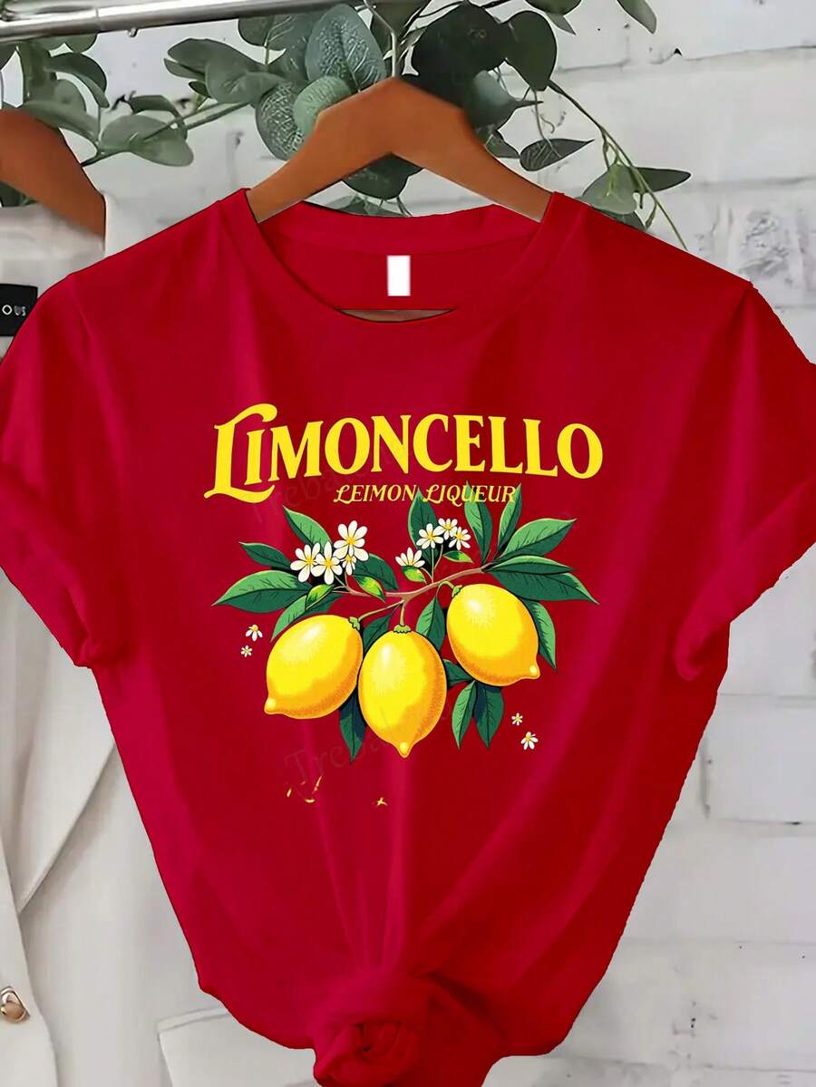 Lemon Liqueur Print T-Shirt - 100% Casual Summer T-Shirt With Lemon Print, Lemon Liqueur And Lemon Slice Design, Comfortable, Loose Fit, Round Neck And Short Sleeve, Black, Suitable For Italian Liqueur Lovers, Spring/Autumn Casual Wear, Autumn Clothing, Spring Fashion, Citrus Print, Lightweight T-Shirt, Breathable Fabric, Printed T-Shirt For Women. - 紅色 - 查看 1