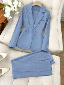 Conjunto de 2 piezas de chaqueta de traje y pantalones de cuello alto de un solo botón, estilo casual de negocios, apto para todas las estaciones - Celeste - Ver 8