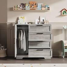 Armario de Almacenamiento de 43.3 Pulgadas con 4 Cajones y Puerta, Armario de Madera para Ropa con Varilla Colgante, Ideal para Dormitorio y Sala de Vestir - Gris - Ver 3