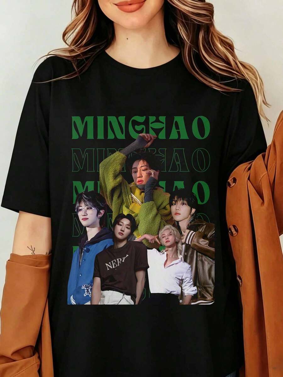 Minghao Seventeen The8 K-pop Grafisk T-shirt Xu Minghao Vintage 90-tals Bootleg Print Svart Oversized Bomullströja Herr Dam Streetwear Topp, The8 Seventeen T-shirt - Svart - Visa 1