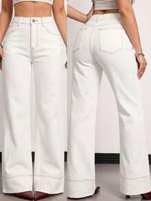 Tall Jeans de tiro alto, de pierna ancha y holgados, con bolsillos, versátiles, para uso casual en verano y primavera, elegantes para bodas y el Día de San Valentín - Blanco - Ver 8