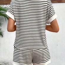 Women's Summer Striped Round Neck Batwing Sleeve Top And Shorts Casual 2-Piece Set - Azul Marino - Ver 3