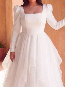 Plus Size Women's White Wedding Dress - Elegant Square Neckline, Puff Sleeves, Layered Ruffle Hem, Suitable For Wedding Ceremony, Wedding Reception, Formal Gala, Ball And Other Occasions - White - View 4