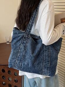 1pc Minimalist Large Capacity Denim Shoulder Tote Bag, Suitable For Outing, Travel, Shopping, Vacation - Blue - View 4