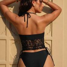 Women's Summer Beach Contrast Lace Halter Tie Sexy Tankini Swimsuit Set - Negro - Ver 6