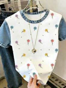 Camiseta de manga corta con estampado floral, camiseta de verano, blusa refrescante para damas, camiseta estética - Multicolor 2 - Ver 4