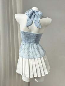 Blusa elegante sin mangas con cuello de tortuga, volantes y lunares para el verano - Azul - Ver 2