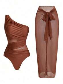 Swim Oasis 1 pieza Traje de baño de una pieza de unicolor con fruncido para mujer con pañuelo y falda a juego para vacaciones - Marrón - Ver 9