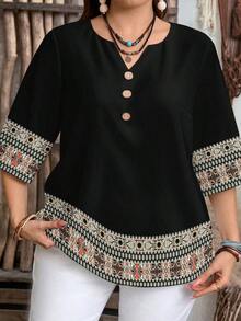 Blusa de estilo minimalista casual con mangas cortas y patrón de rayas marrones, adecuada para primavera/verano - Multicolor 4 - Ver 3