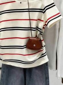 Camiseta casual de mujer con cuello redondo, manga corta, a rayas y plisada - Blanco 4 - Ver 4