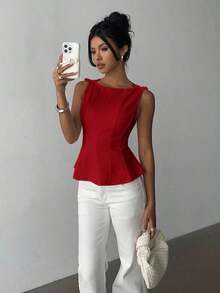 sin mangas elegante para ir a la oficina, diseño minimalista, casual de negocios para mujer, ropa de oficina, salir, para maestras, blusa casual para mujer, blusa social para mujer - Rojo - Ver 6