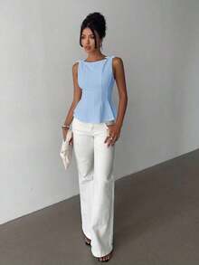 Blusa sin mangas elegante para ir al trabajo, diseño minimalista - Azul - Ver 3