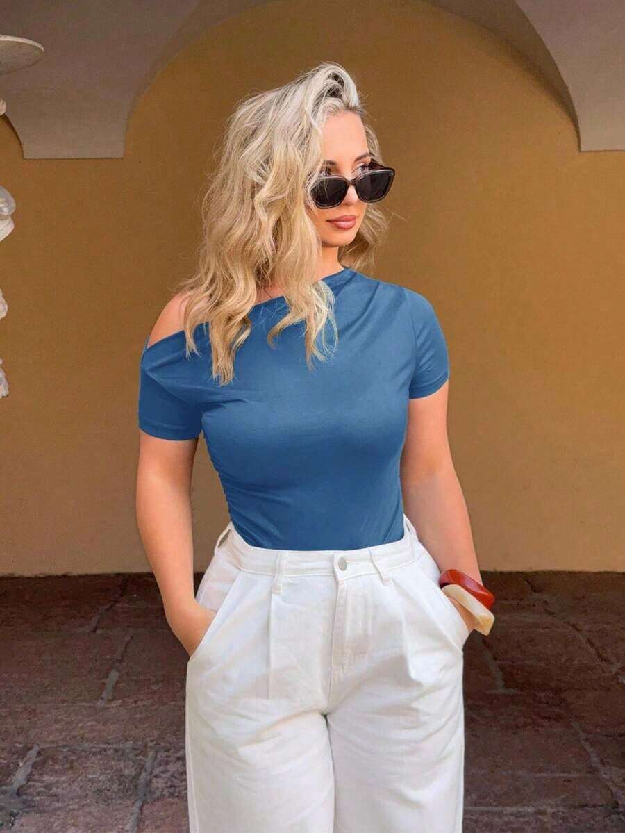 Camiseta Casual Para Mujer De Cuello Asimétrico Y Plisado De Color Sólido - Niebla azul - Ver 1
