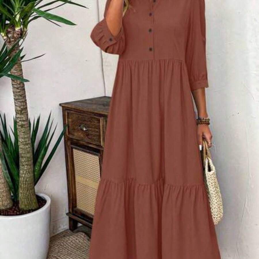 Women Solid Color Casual Short Sleeve Dress Maxi Women Outfit - Marrón - Ver 1