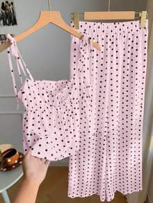 Conjunto de 2 piezas de top tipo camisola con hombros retorcidos y estampado de lunares, y pantalones de pierna ancha, para mujer, estilo casual de verano, retro y de playa - Rosa - Ver 4