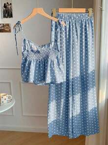 Conjunto de 2 piezas de top tipo camisola con hombros retorcidos y estampado de lunares, y pantalones de pierna ancha, para mujer, estilo casual de verano, retro y de playa - Azul - Ver 2