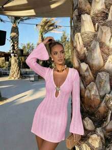 Vestido de manga larga de punto para mujer, estilo de vacaciones en la playa - Rosa - Ver 6