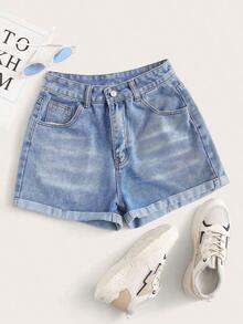 Shorts vaqueros de tiro alto enrollados para verano - Azul lavado medio - Ver 1