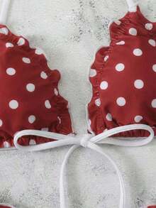 Conjunto de bikini de dos piezas con estampado de lunares, camiseta con lazo sexy y traje de baño para vacaciones en la playa para mujer - Rojo - Ver 5