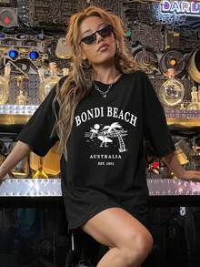 Women's Casual Short Sleeve T-Shirt - "Bondi Beach" Graphic Print, Loose Fit, Crew Neck, Medium Stretch, All-Season Comfort, Black With White Lettering, Perfect For The Beach Or Casual Wear, Y2k Beach T-Shirt - 黑色 - 查看 10
