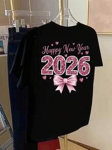 Women's T-Shirt With New Year 2026 Print - Short Sleeve, Round Neck, Casual Design With Pink Bow And Number 2026, Party And Celebration T-Shirt, Suitable For All Seasons, Ladies' T-Shirts Y2k T-Shirt Shirt - 黑色 - 查看 2