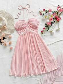Vestido rosa sólido sin mangas con cuello halter de moda y lindo, vestido bohemio para mujer - Rosa - Ver 7