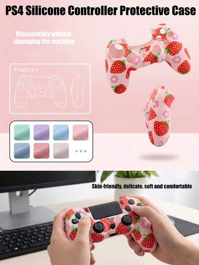 1pc Cute Pink Strawberry Flower Silicone Protective Case For Game Controller