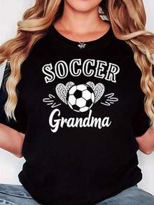 Camiseta de Tema de Abuela de Fútbol para Mujeres Camiseta casual de manga corta con decoración de balón de fútbol y corazón de leopardo y eslogan, negro-blanco, elegante y suave, para abuela fanática del fútbol - Negro - Ver 6