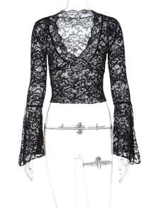 Lace Blouse With Deep Neckline, Long Fitted Sleeves - 黑色 - 查看 7