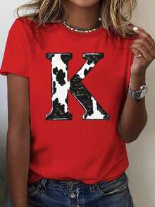 Women's Short-Sleeve Printed T-Shirt, Featuring A K Print And A Round Neck, Casual Short-Sleeve Top For Spring/Summer, Women's Clothing, 100% Cotton, Soft Fabric, Short Sleeves, Breathable And Cool. Women's Printed T-Shirt 100% Cotton - 紅色的 - 查看 6