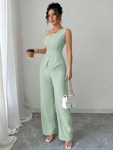 Conjunto de chaleco sin mangas y pantalones rectos para mujer, con tirantes, cierre de botones, para primavera/verano - verde menta - Ver 6