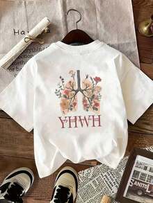 Camiseta Casual de Verano para Mujer con Estampado a Doble Cara, Diseño de Hojas de Loto con Patrones Florales y de Hojas Incrustados, Adornada con las Letras YHWH, Ropa Versátil, Material Cómodo, Camiseta de Manga Corta, Camiseta Casual 2026 para Entusiastas de la Moda, Estilo Urbano Vintage, Camiseta Unisex Holgada de Algodón de Manga Corta con Cuello Redondo. - Blanco - Ver 2