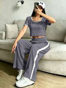 Conjunto De Top Corto De Manga Larga Y Pantalón Para Mujer Con Diseño De Bloques De Color - Gris - Ver 2