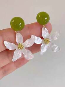1 par de pendientes personalizados de flor de resina de lujo y estilo dulce, adecuados para niñas, vacaciones, citas, fiestas, días festivos - Blanco - Ver 3