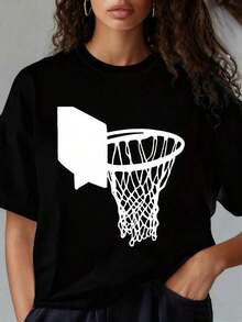 Camiseta de manga corta para mujer Camiseta Con Redondo Cuello Y Corto Mangas, Diversión Impresión de Baloncesto Aro Gráfico Camiseta Mujeres Informal Ropa urbana De gran tamaño Superior Deporte Inspirado Moda CamisaAdecuada Para Día de San Valentín Día de Navidad Deportes de Grupo ActividadesVacacionales Festivales y eventos deportivos Y Otros Vacaciones Regalos (). Camiseta de verano - Negro - Ver 1
