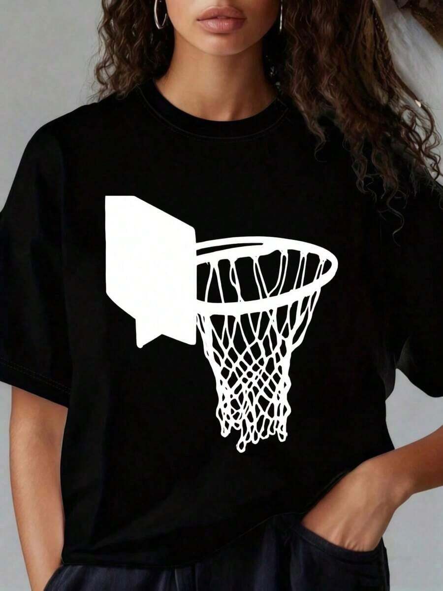 Camiseta de manga corta para mujer Camiseta Con Redondo Cuello Y Corto Mangas, Diversión Impresión de Baloncesto Aro Gráfico Camiseta Mujeres Informal Ropa urbana De gran tamaño Superior Deporte Inspirado Moda CamisaAdecuada Para Día de San Valentín Día de Navidad Deportes de Grupo ActividadesVacacionales Festivales y eventos deportivos Y Otros Vacaciones Regalos (). Camiseta de verano - Negro - Ver 1