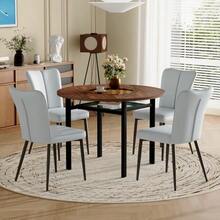 Modern Minimalist Round Dining Table Set (With 4 Light Grey PU Chairs), Round Table With 100 Cm Diameter In Wood Look, Suitable For Dining Room And Kitchen. - Brown + Black, Light Gray - View 8