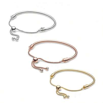 falinne 2026 New Arrival Adjustable Sliding Bangle, 3 Colors Silver/Gold/Rose Gold Plated Snake Chain Bracelet, Fits Charm Beads, Dainty Daily Wear Jewelry For Men Women