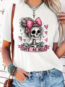 Women's Casual Short-Sleeve T-Shirt With Skull Print, Medium-Stretch Crew Neck With Appliqué Detail, Regular Fit, All-Season Cotton Top.FTQA - 黑色 - 查看 1