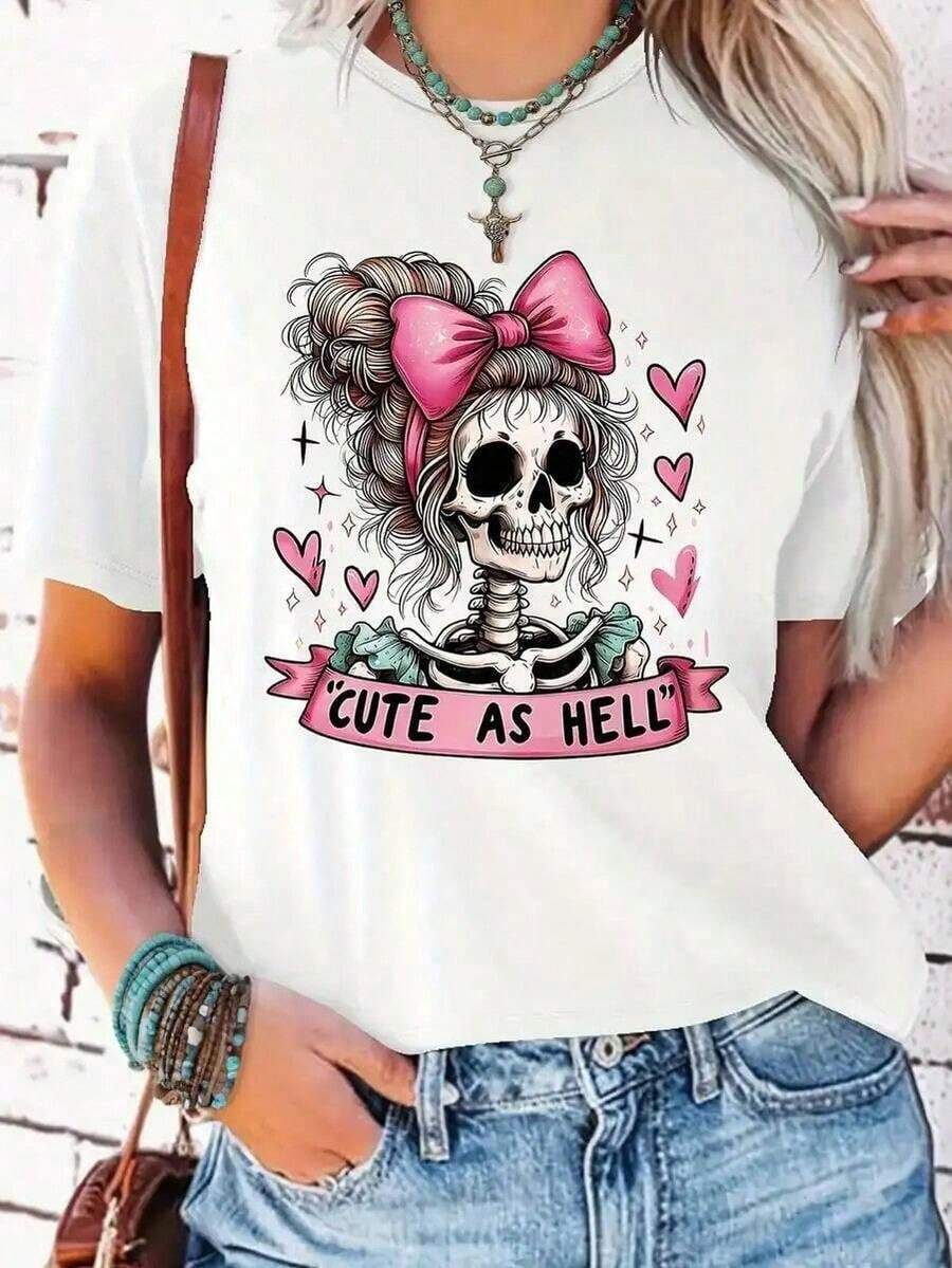 Women's Casual Short-Sleeve T-Shirt With Skull Print, Medium-Stretch Crew Neck With Appliqué Detail, Regular Fit, All-Season Cotton Top.FTQA - 黑色 - 查看 1
