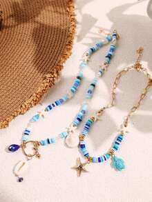 Set de 2 collares con cuentas de conchas marinas azules, estrellas de mar y tortugas, joyas de arcilla polimérica con elementos oceánicos, adecuados para uso diario y playa de mujeres - Multicolor - Ver 2