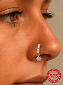 1Pc 925 Sterling Silver Bohemian Eight-Pointed Star Cubic Zirconia Nose Ring Nose Piercing, Women'S Fashionable Accessory Suitable For Daily, Dates, Vacation, Wedding, Party, Holiday Gift - Gold - View 1