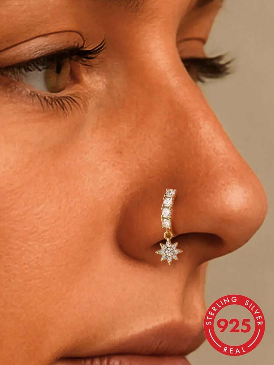 1Pc 925 Sterling Silver Bohemian Eight-Pointed Star Cubic Zirconia Nose Ring Nose Piercing, Women'S Fashionable Accessory Suitable For Daily, Dates, Vacation, Wedding, Party, Holiday Gift - Gold - View 1