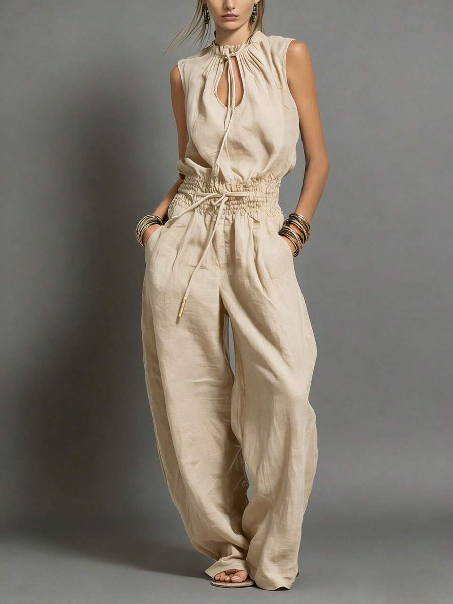 Women's Satin Jumpsuit, Halter Neck Backless Wide Leg Jumpsuit, Sleeveless Loose Fit Elegant Wear - Quả mơ [Còn hàng] - Xem 1