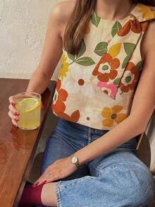 Camiseta de mujer elegante con estampado floral diminuto, adecuada para uso diario y casual de verano en vacaciones - Multicolor - Ver 7