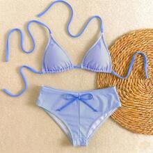 Nuevo conjunto de bikini con estampado de lunares sexy, espalda descubierta y lazo, con tirantes de espagueti para playa y piscina en vacaciones - Caqui - Ver 2