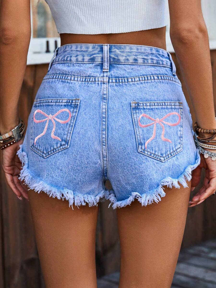 Mobula Sound#Spring/Summer Versatile Fashion Festival College Vacation Beach Daily Travel Airport Frayed Hem Distressed Women's Denim Casual Shorts - Medium Wash - View 1