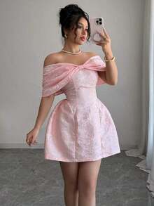 Minifalda de mujer con cuello con lazo y tela de jacquard para primavera/verano con hombros descubiertos - Rosa - Ver 6